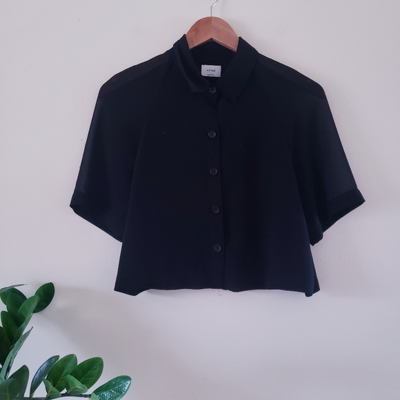 WILFRED Tops - WILFRED Cropped Chiffon Button Down Short Sleeve Blouse - BLACK S